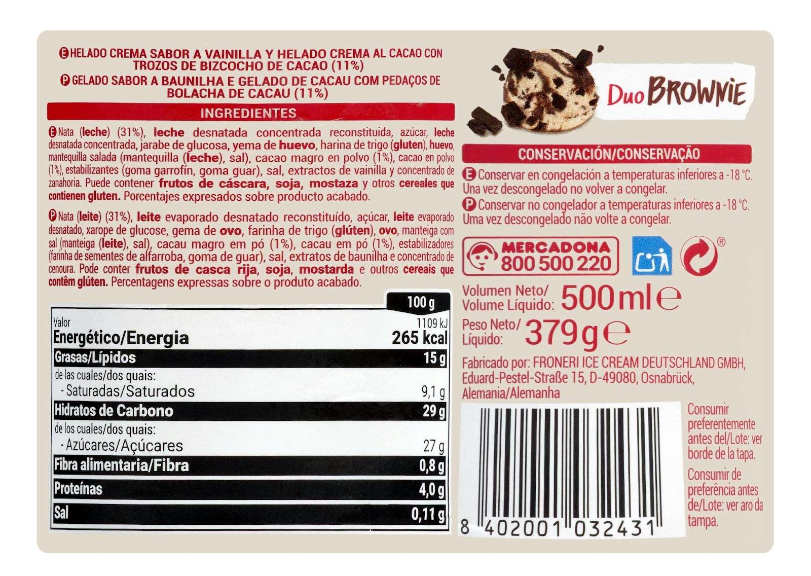 etiquetado helado duo brownie mercadona