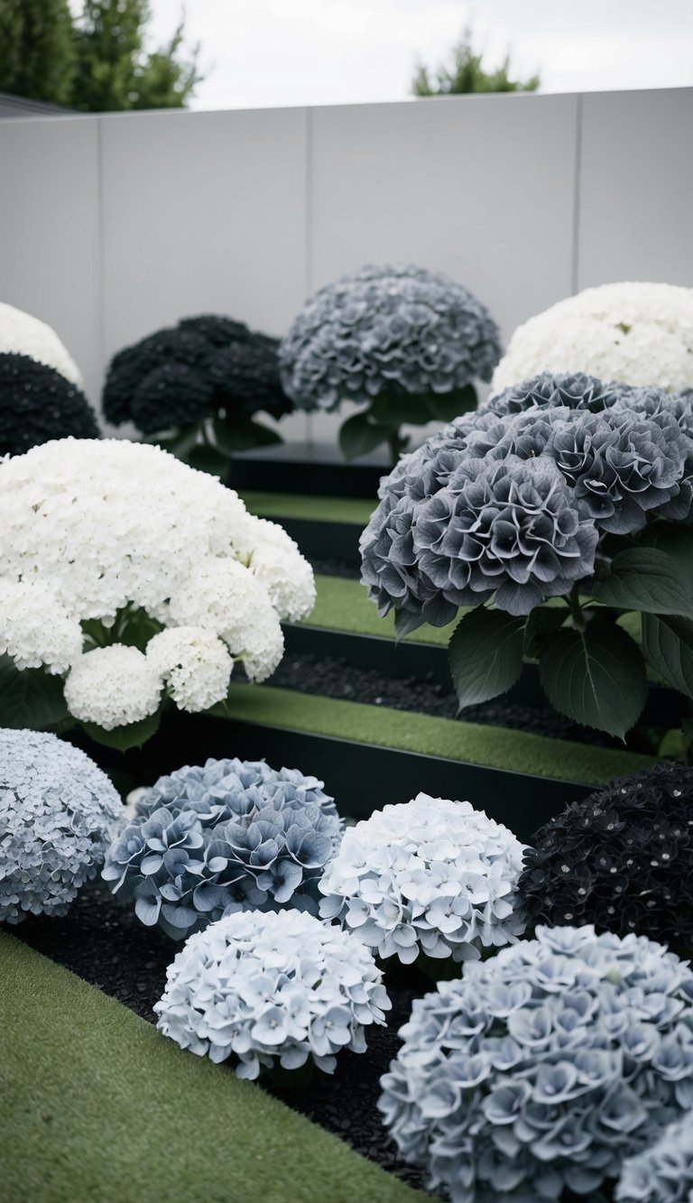 A serene garden with monochrome hydrangeas in varying shades of white, grey, and black, arranged in minimalist landscaping designs