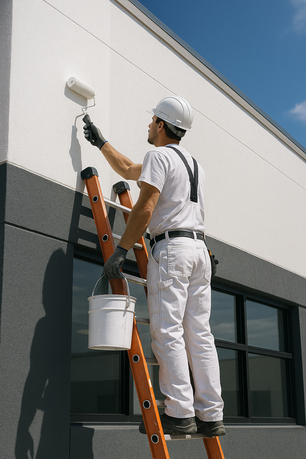 Professional painter working on a commercial building