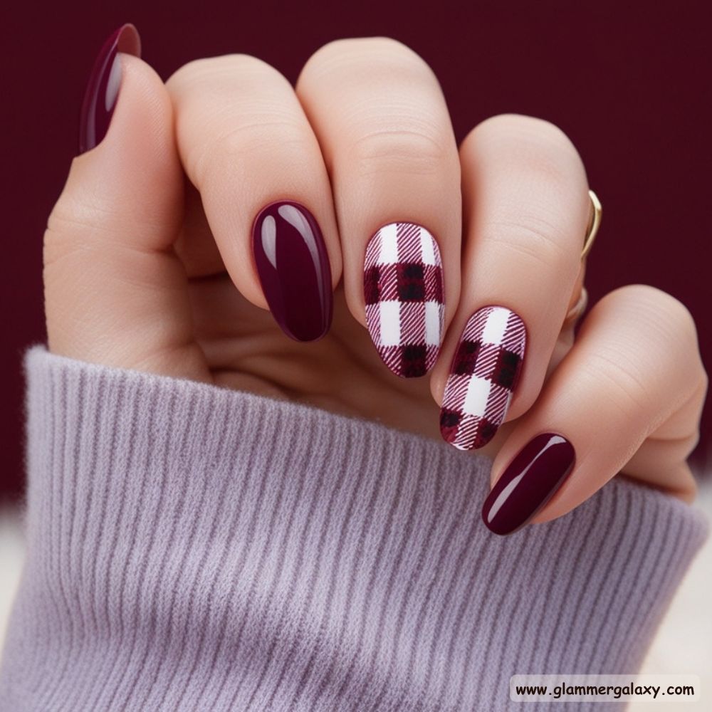 Winter Nail Ideas having Classic Burgundy Plaid
