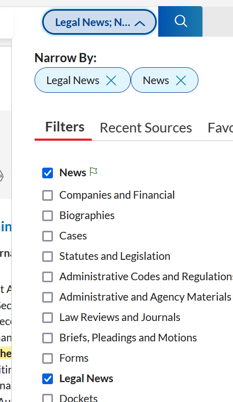 When the "Filter" button in the Nexis Uni search bar is clicked, a menu opens allowing results to be narrowed by filter options.  "News" and "Legal" news are selected as filters.