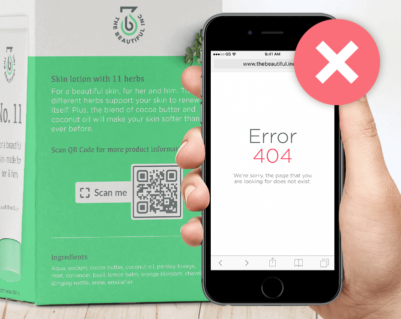 An example of a broken QR Code that directs scanners to a 404 error page