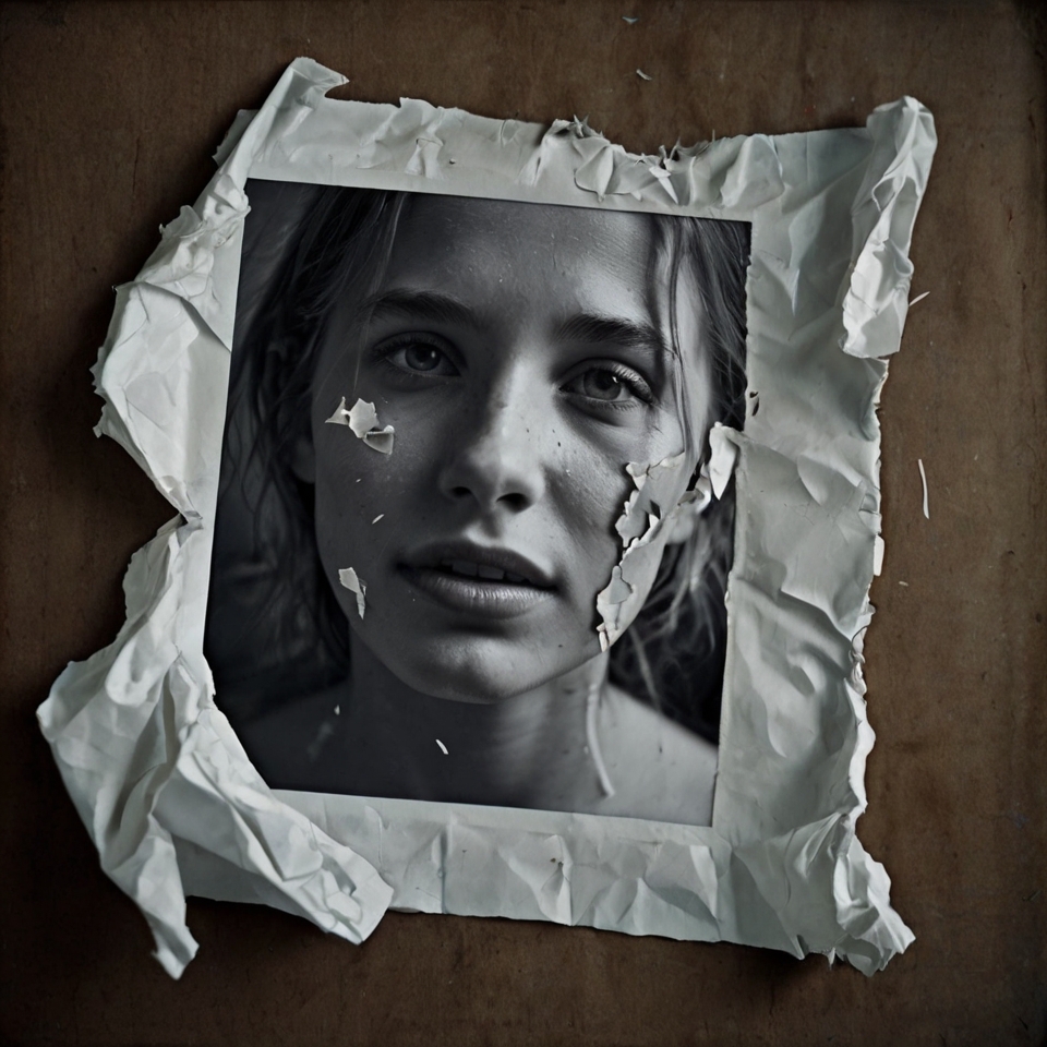 A torn photograph showing only happy moments while the painful parts are crumpled and discarded, symbolizing selective memory and the distorted view of the past.