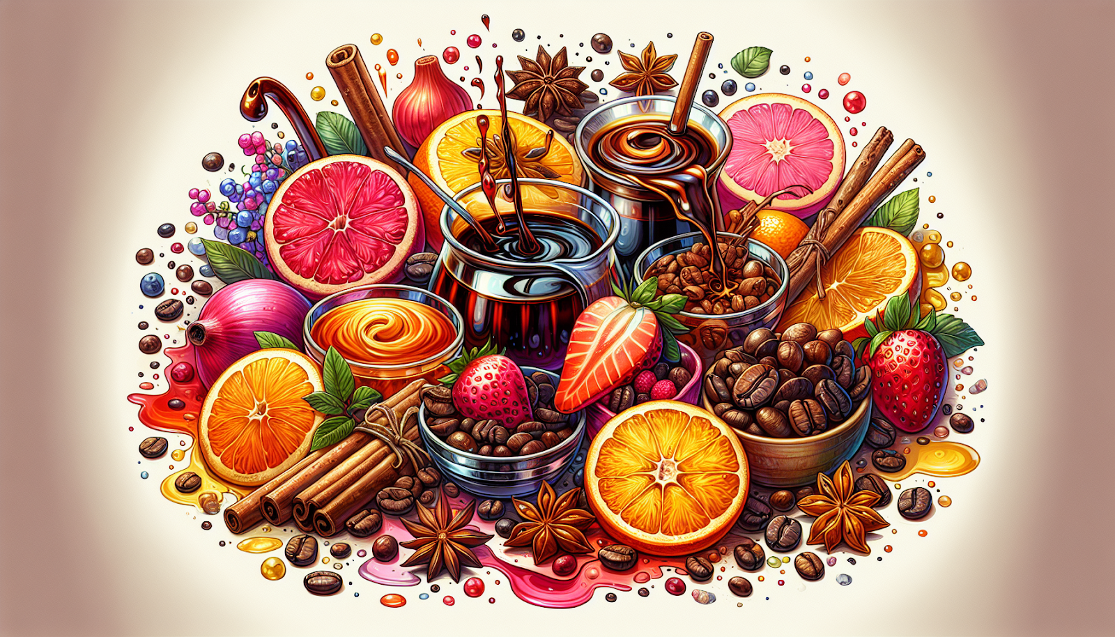 An illustration depicting infused coffee beans with various flavors.