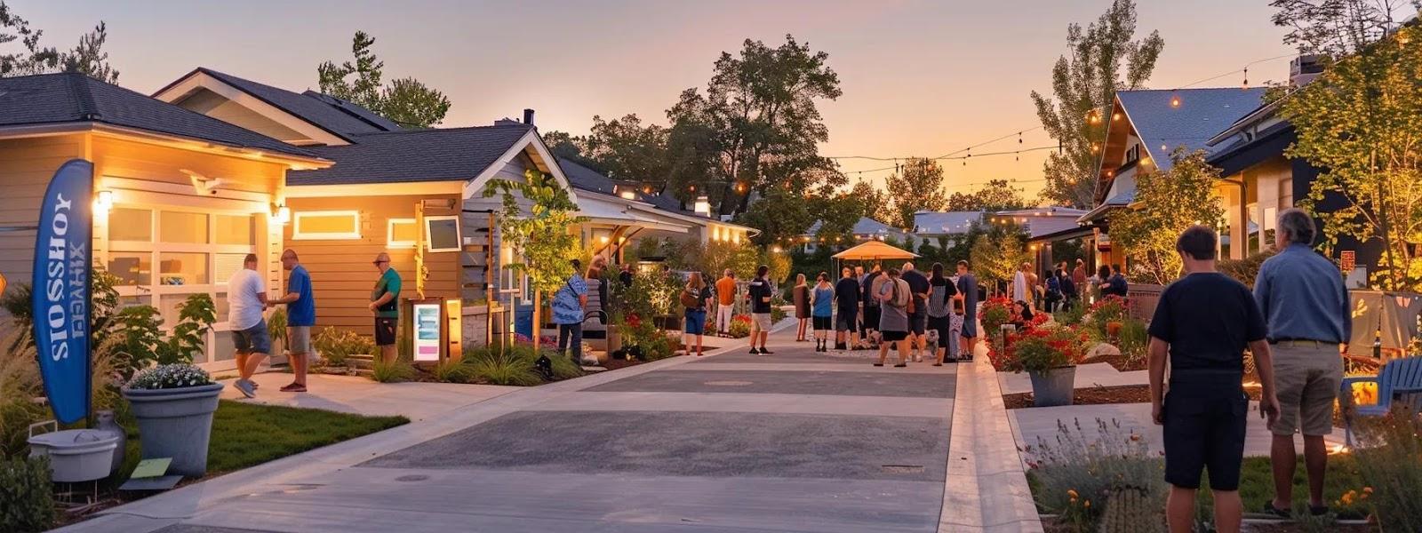 a vibrant outdoor community event showcases a beautifully remodeled home, drawing in engaged locals as colorful banners and enthusiastic conversations create an inviting atmosphere that highlights the importance of local advertising for remodeling businesses.