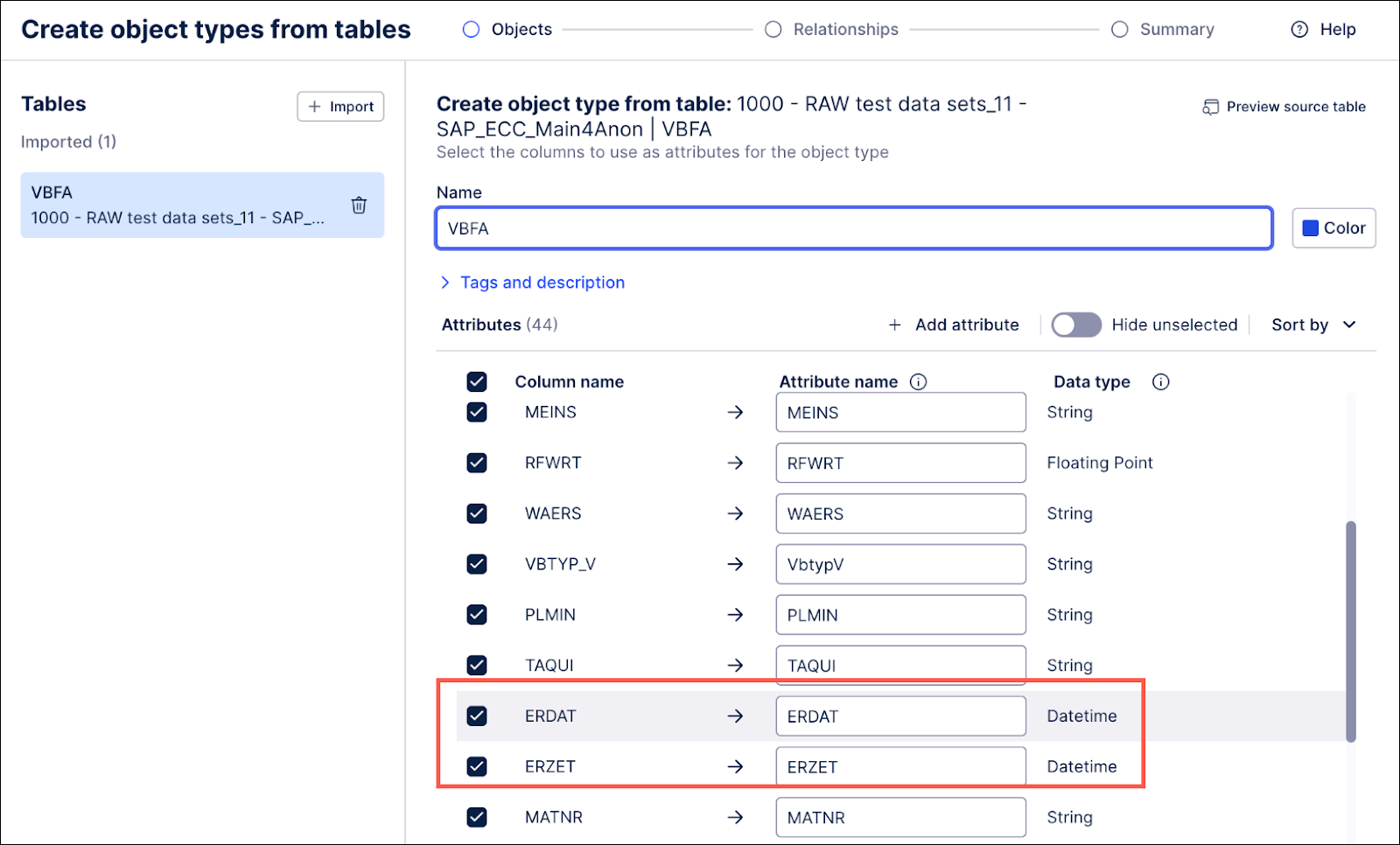 Screenshot of an import from table with the DATE attributes selected.