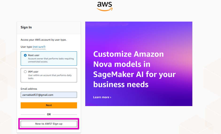 AWS Console Sign Up