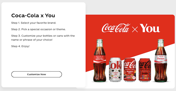 Coca-Cola x You brand page with step-by-step instructions for personalizing your bottle or can