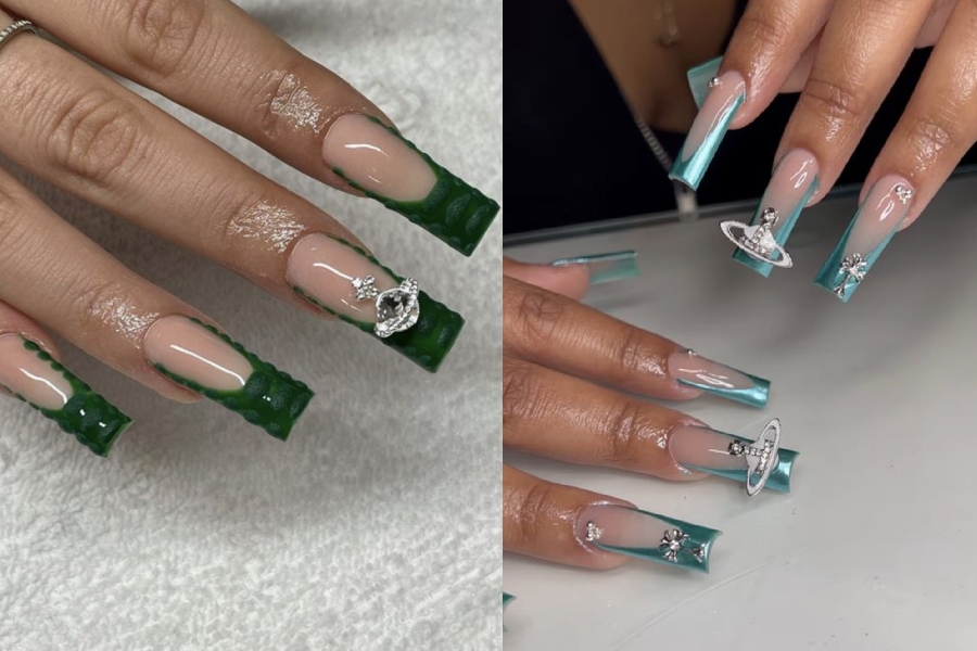 Nhiều mẫu nail xanh đính charm đơn giản mà sang trọng