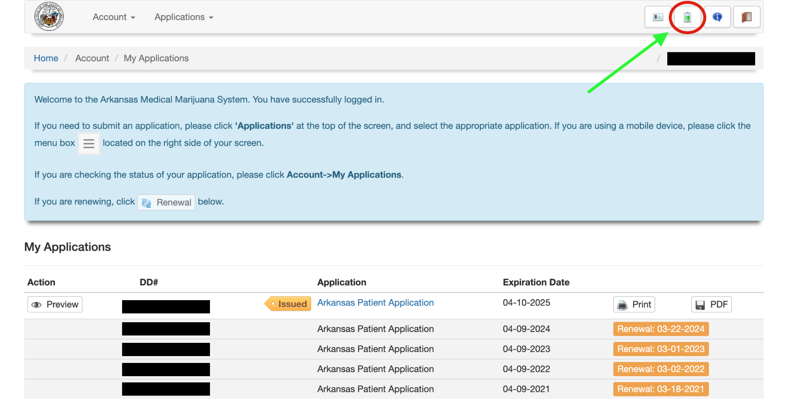 Dashboard of the Arkansas Medical Marijuana System after login. The page shows a welcome message, navigation options, and a table of patient applications with their status and expiration dates. A green arrow points to a battery icon in the top right corner.