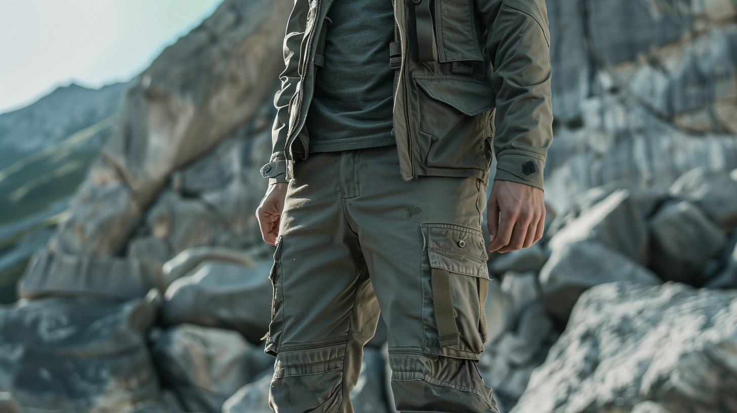 A man in rugged cargo pants with large side pockets, paired with a utility jacket or casual tee. Designed for outdoor activities or laid-back casual style.