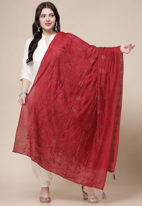 Embroidered Chanderi Cotton Dupatta in Maroon