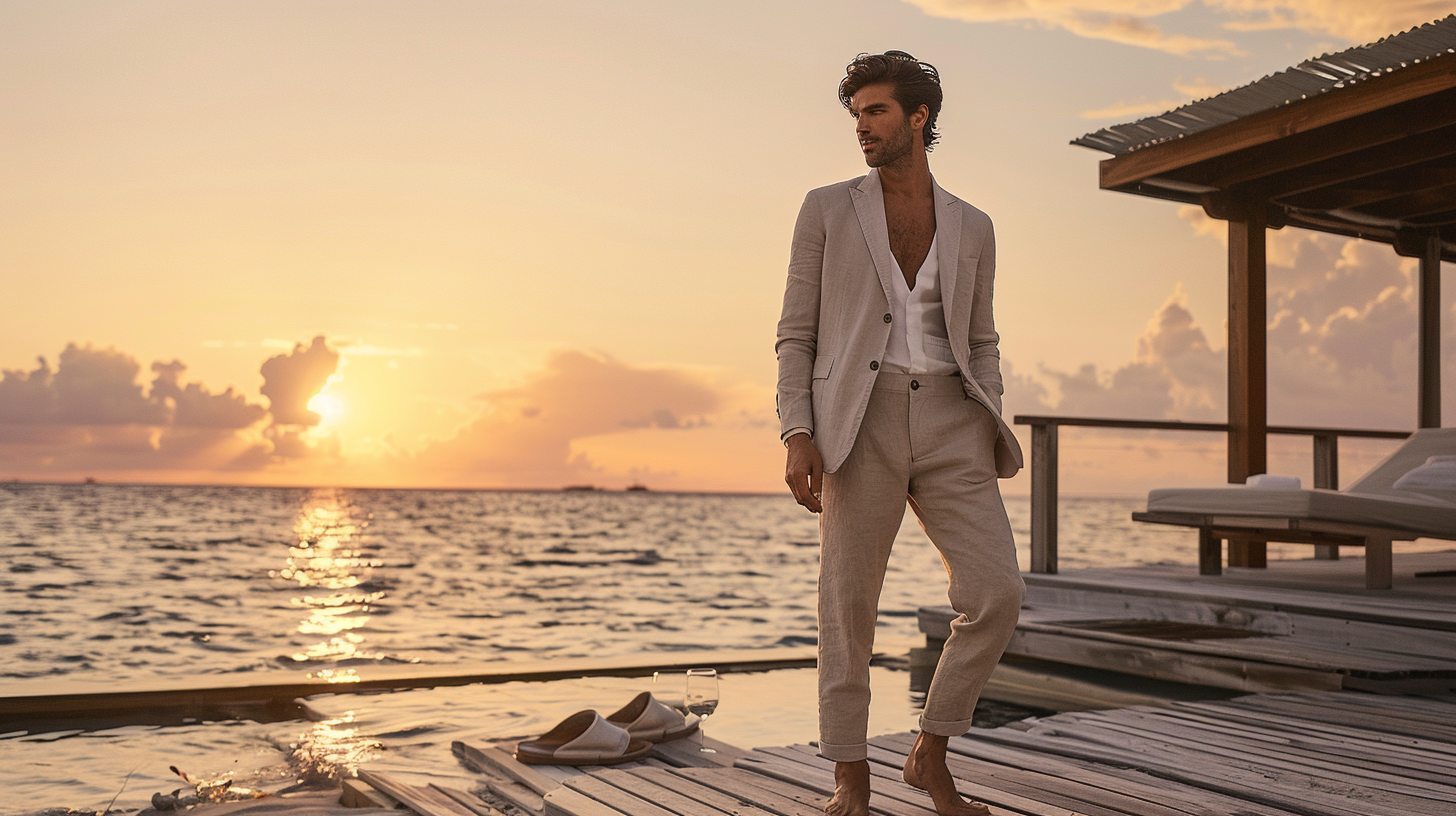 A relaxed man wearing a light beige linen suit, standing barefoot on a wooden beach deck at sunset. The suit is breathable, with soft movement from the breeze--ideal for summer or destination weddings.