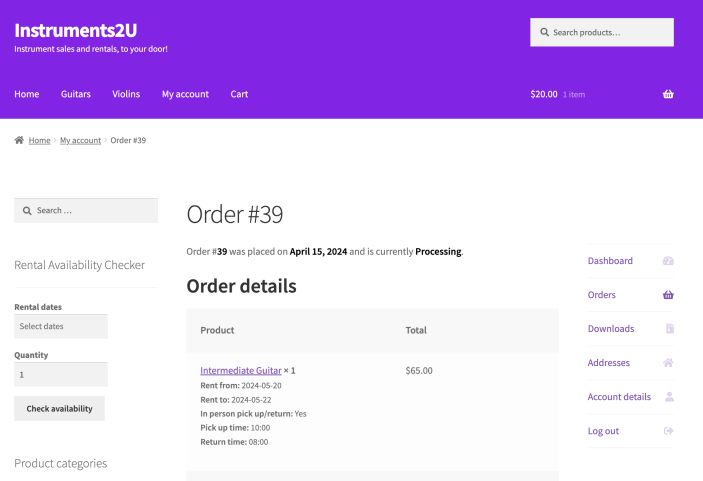 Account order history showing rental product information