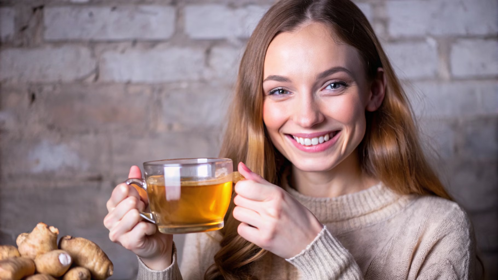 Mulher sorridente segurando chá de gengibre para bem-estar.