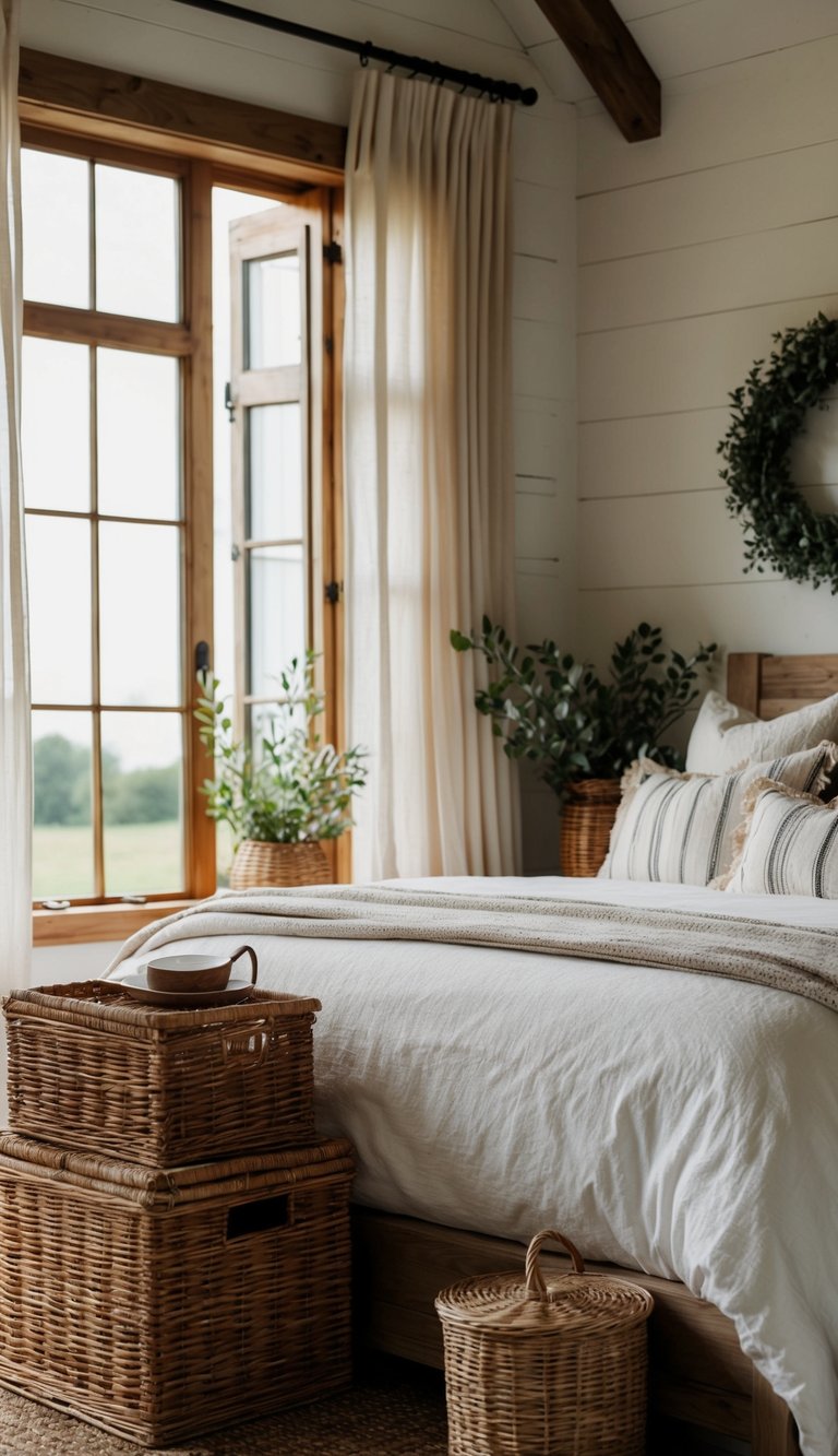 A cozy farmhouse bedroom with wicker storage baskets, rustic decor, and natural light streaming in through the window