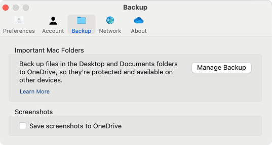 Pic. 3. Managing backup on the OneDrive app for Mac.