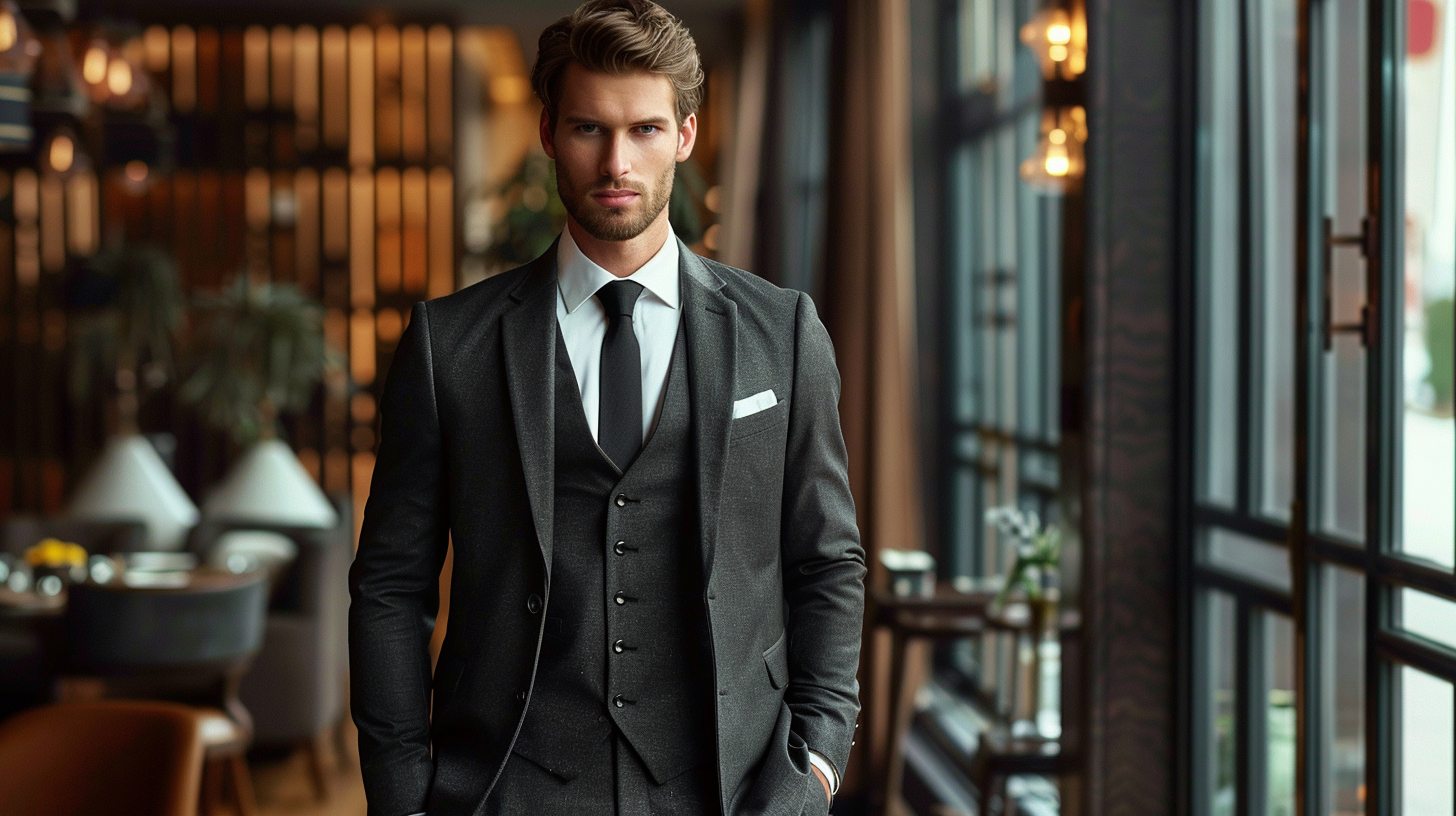Man in a formal three-piece suit, including vest, in charcoal gray, ideal for a wedding or upscale event, crisp white shirt, polished shoes, refined and traditional look