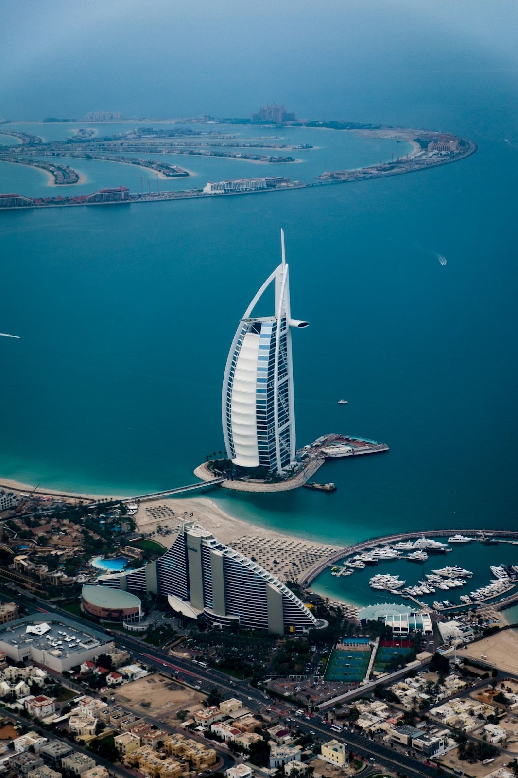 The Burj and a glimpse of the Palm Islands in Dubai.