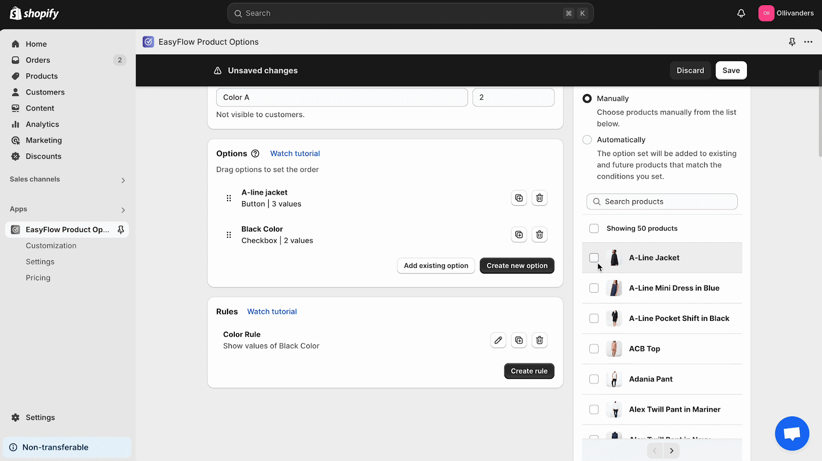 Option set for products