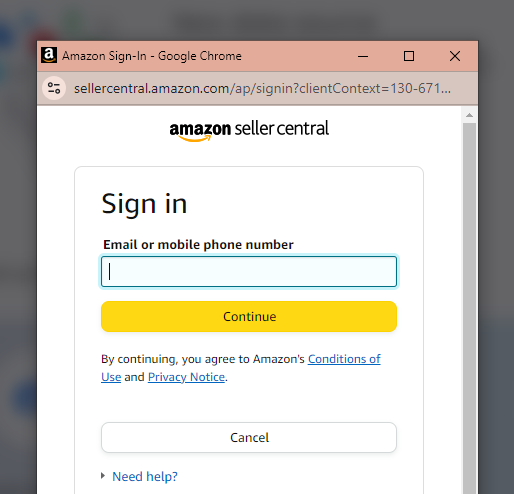 The Amazon Seller Central log-in window. 