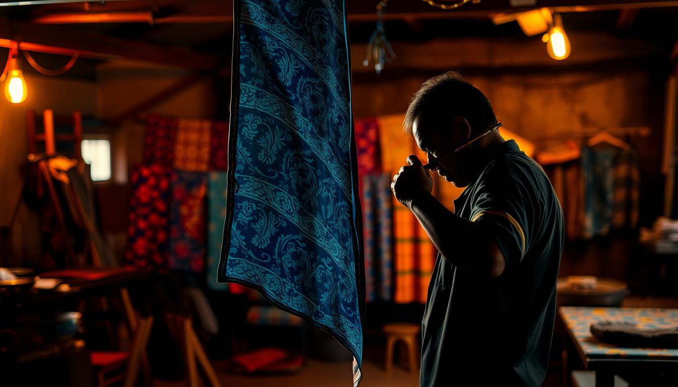 A dimly lit workshop, the air thick with the scent of molten wax. In the foreground, a skilled artisan meticulously removes the wax from a vibrant batik fabric, using a traditional tjanting tool to carefully scrape away the intricate patterns. The fabric is suspended, the artisan's movements precise and deliberate, creating a mesmerizing dance of light and shadow. In the middle ground, a collection of brightly colored batik pieces hang, their patterns and hues a testament to the artist's mastery. The background is a softly blurred, warm-toned space, evoking the rich cultural heritage of Malaysian batik-making. The scene is lit by a combination of natural and artificial light, casting a warm, golden glow over the entire tableau.