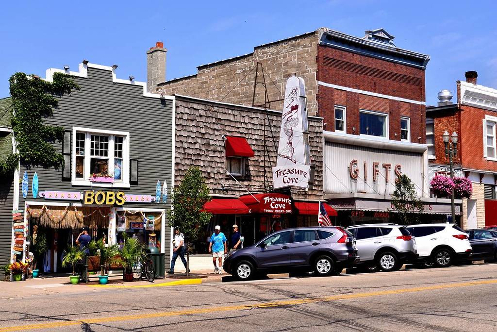 The downtown area of the famous Lake Geneva, Wisconsin vacation destination at the height of the summer tourist season.