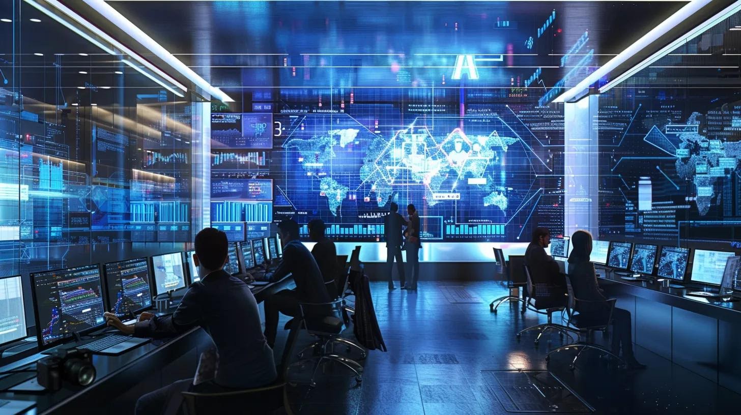 a modern office environment showcasing a team of professionals collaborating over sleek laptops and digital devices, with dynamic charts and graphs displayed on large screens to illustrate seo strategies and mobile optimization processes.