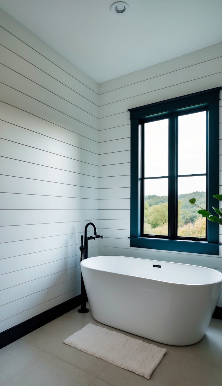 A serene bathroom with white shiplap walls and dark contrasting edges, featuring a modern freestanding tub and a large window with a view of nature