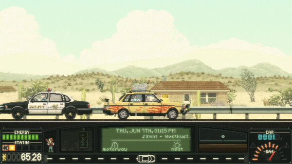 Pixel art cars driving on the road with a vintage car dashboard as the UI