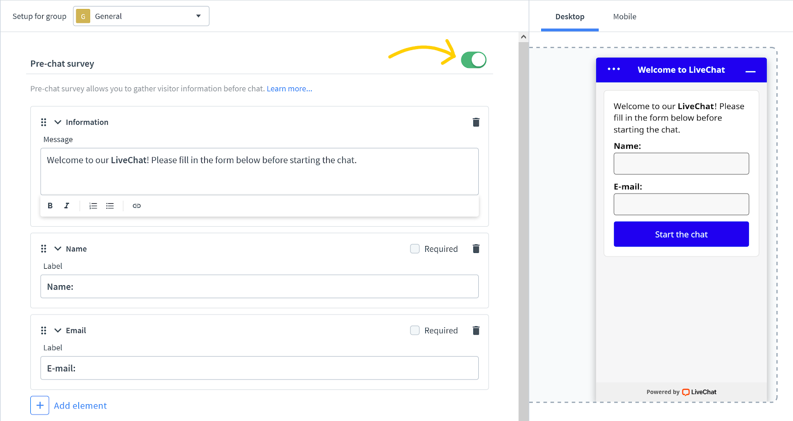 How to turn on pre-chat form.