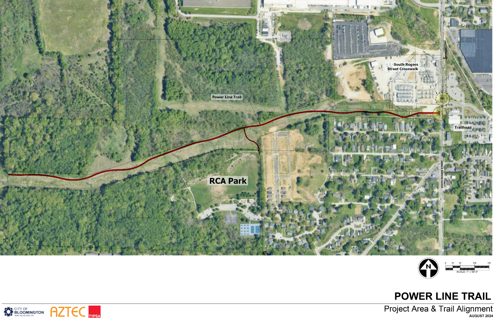 Design map of the powerline trail project from Rogers Street west past RCA Community Park.