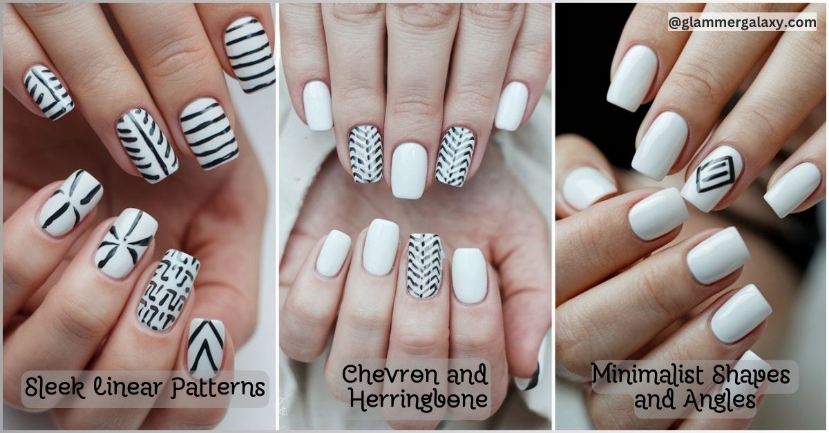 Three sets of hands with nails featuring black and white designs; stripes, chevrons, herringbone, and geometric shapes.