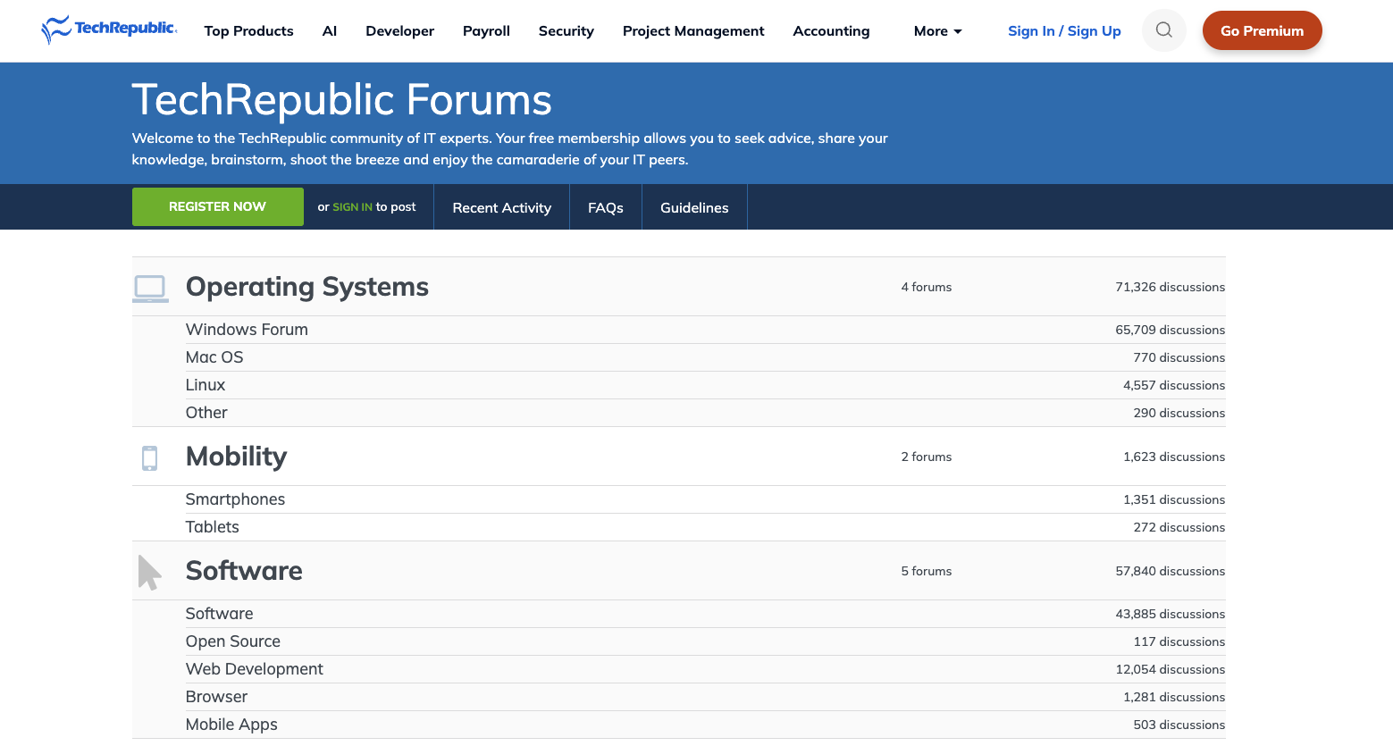 Screenshot of TechRepublic Forums.