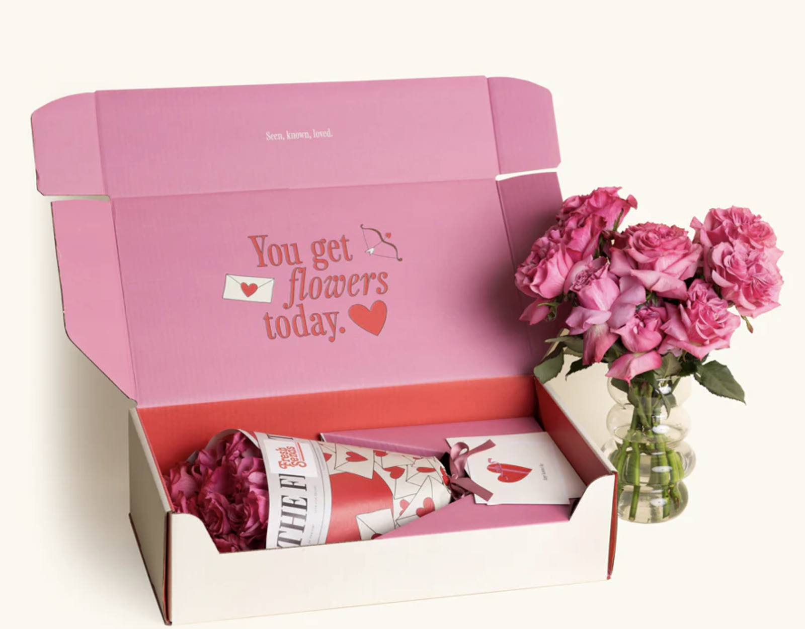 Fresh Sends Valentine's Day Gift Box with a beautiful bouquet of mixed flowers, chocolates, and a personalized card, all delivered in a festive box.