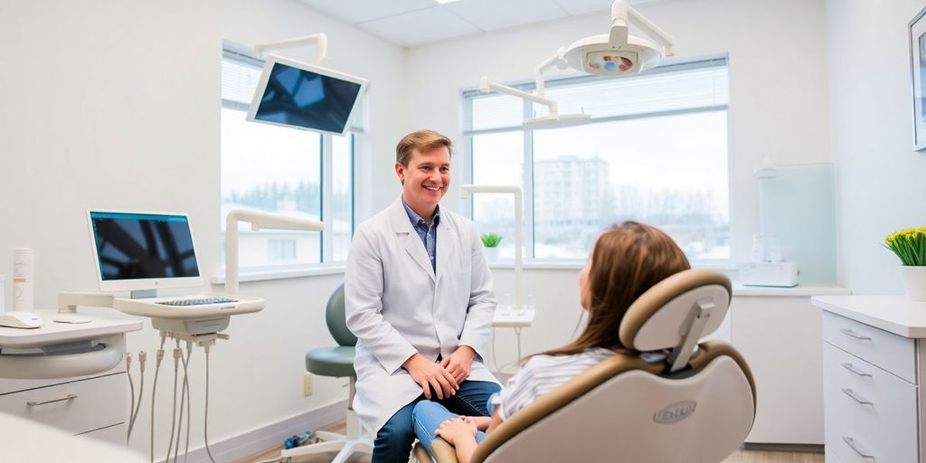 Friendly dentist consulting with a patient in modern office.