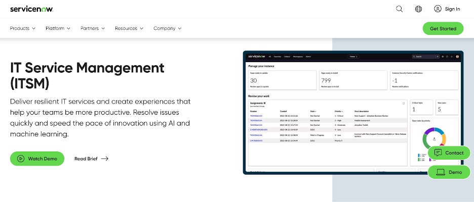 ServiceNow IT Service Management (ITSM) Homepage picture. It says, "IT Service Management (ITSM) Deliver resilient IT services and create experiences that help your teams be more productive. Resolve issues quickly and speed the pace of innovation using AI and machine learning."