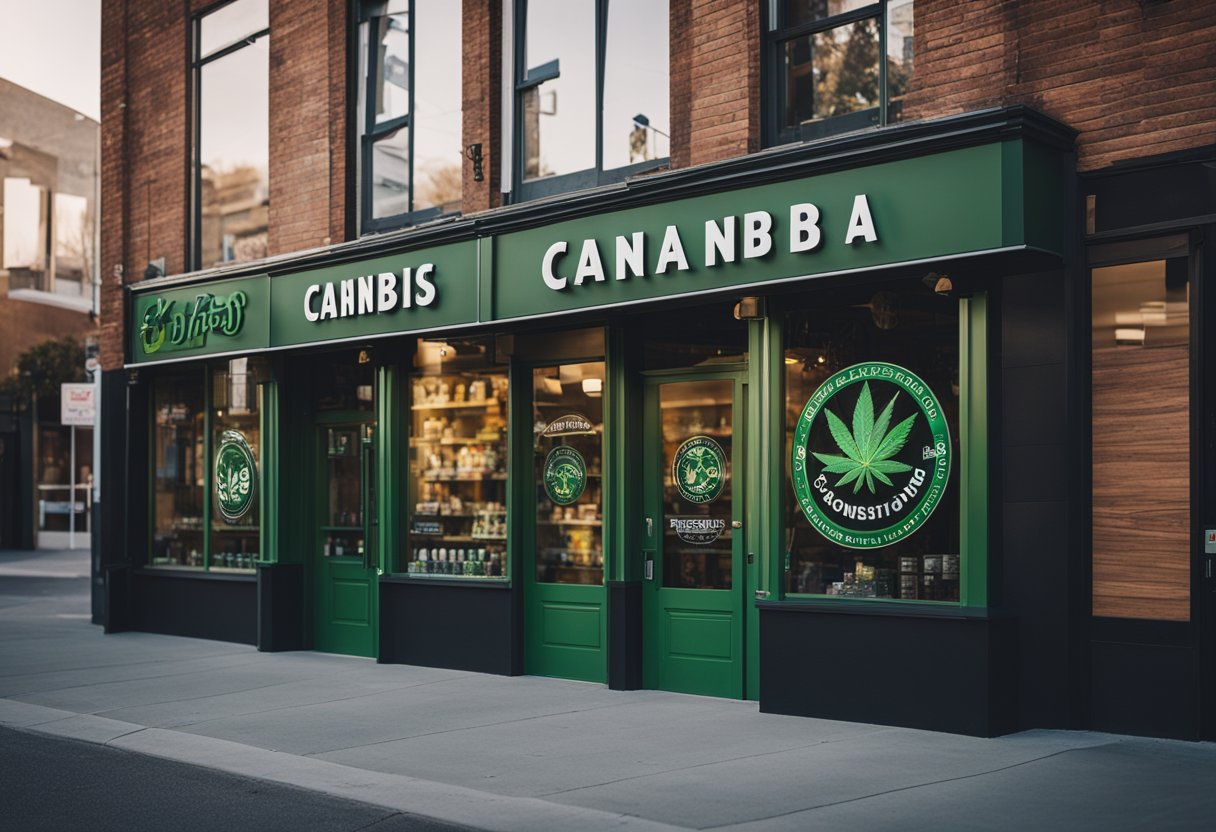 A vibrant dispensary storefront with a prominent cannabis brand logo, surrounded by local businesses and a clear focus on search engine visibility