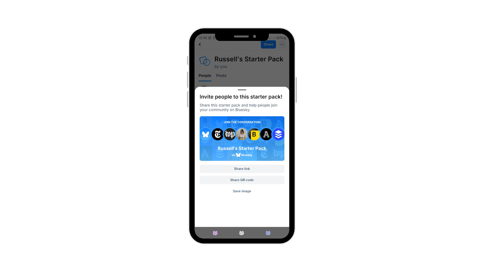 Bluesky features allowing you to invite others to join your community via a link, QR code, or image.