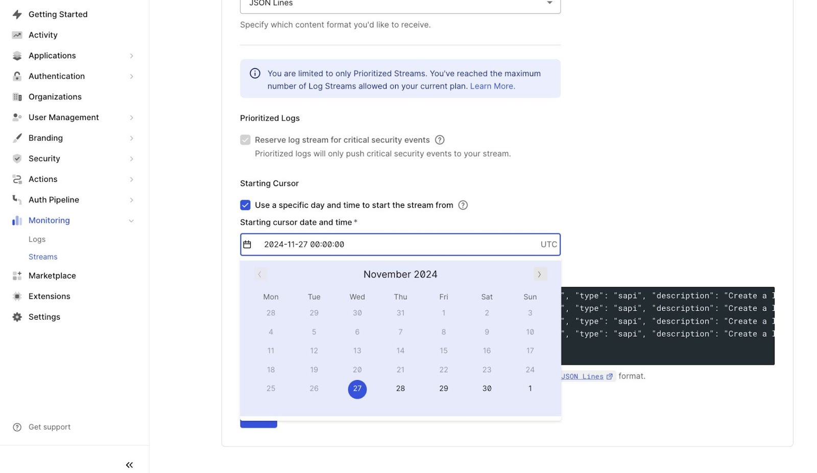 A screenshot of Auth0 log stream configuration