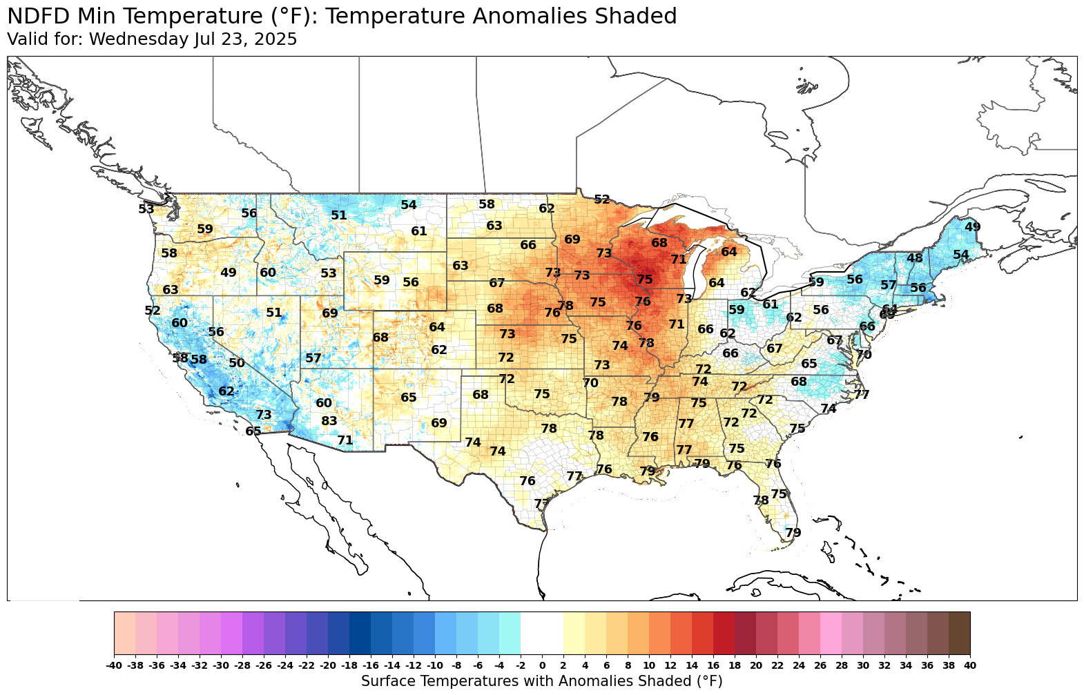 NDFD Minimum temperature (degrees F): Temperature anomalies shaded, Valid for Wed. July 23, 2025