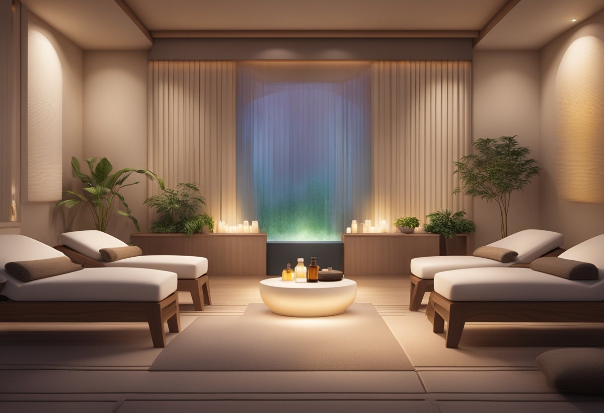 A serene spa room with diffusers emitting essential oils, soft lighting, and comfortable seating for clients to experience aromatherapy treatments