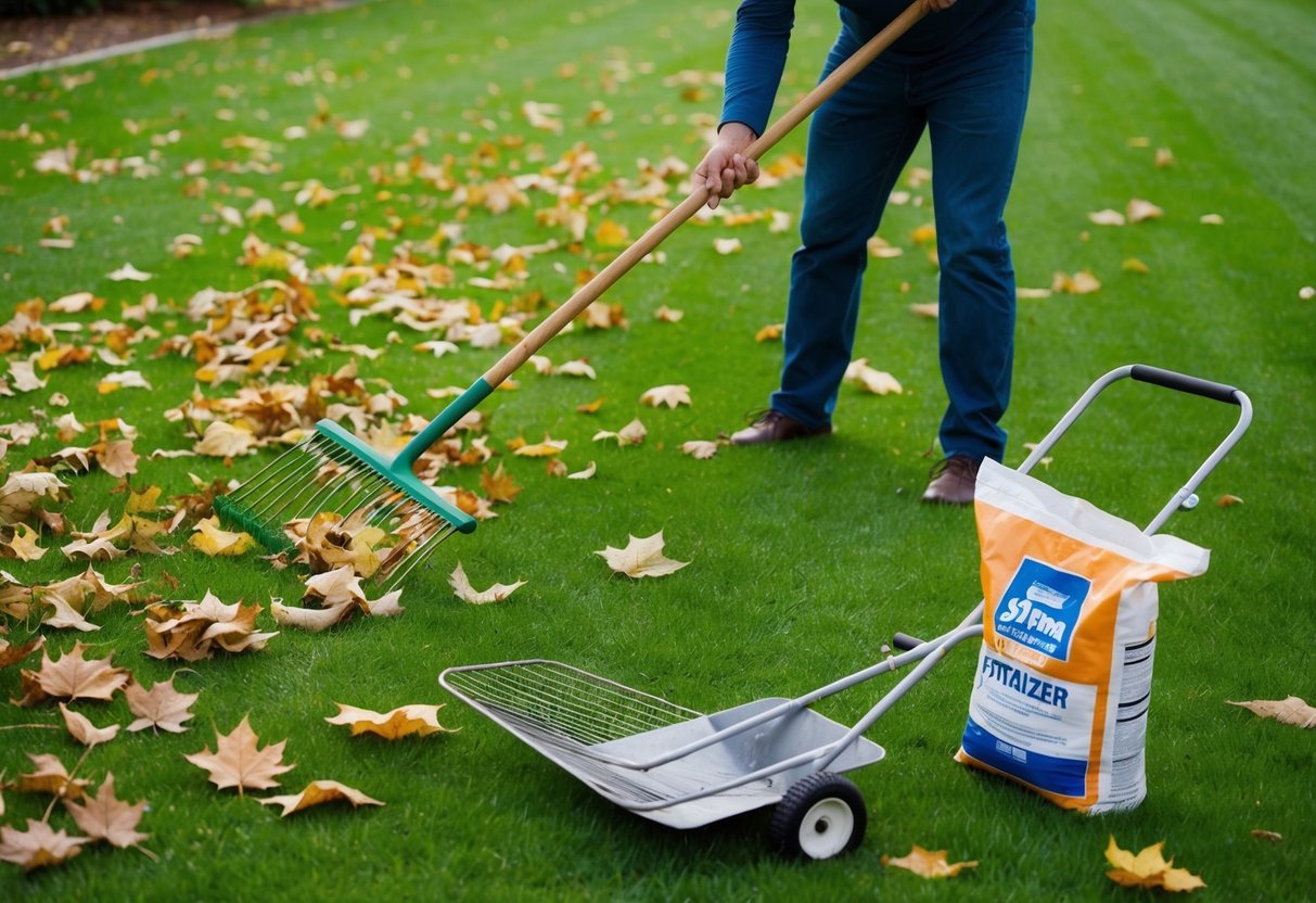 A lawn covered in fallen leaves, with a person using a rake to clear them away. Nearby, a bag of fertilizer and a spreader sit ready for use