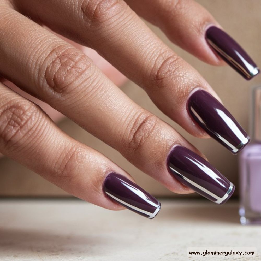 Classy Fall Nails having Dark Purple with Chrome