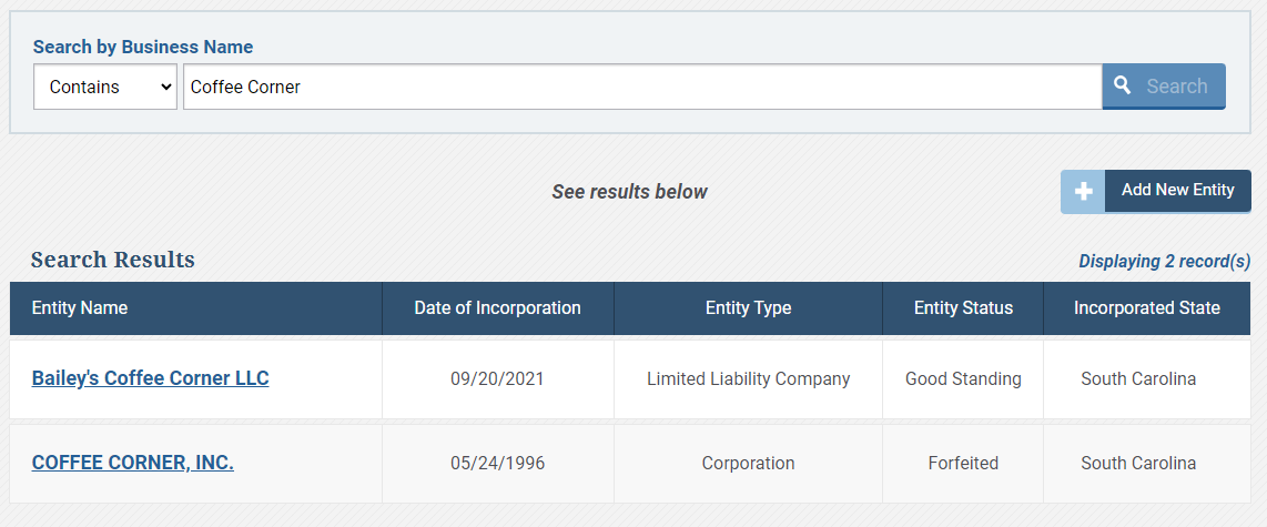 Screenshot of the South Carolina Secretary of State Business Entities Online business name search function