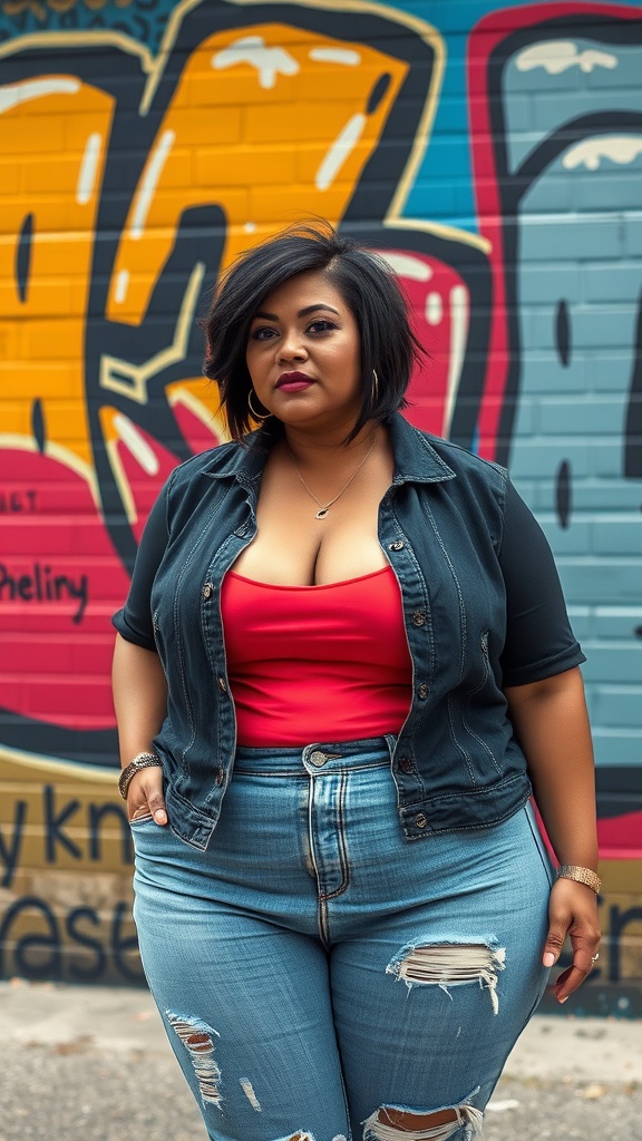 A confident woman with a bob haircut featuring an undercut, standing against a colorful graffiti wall.