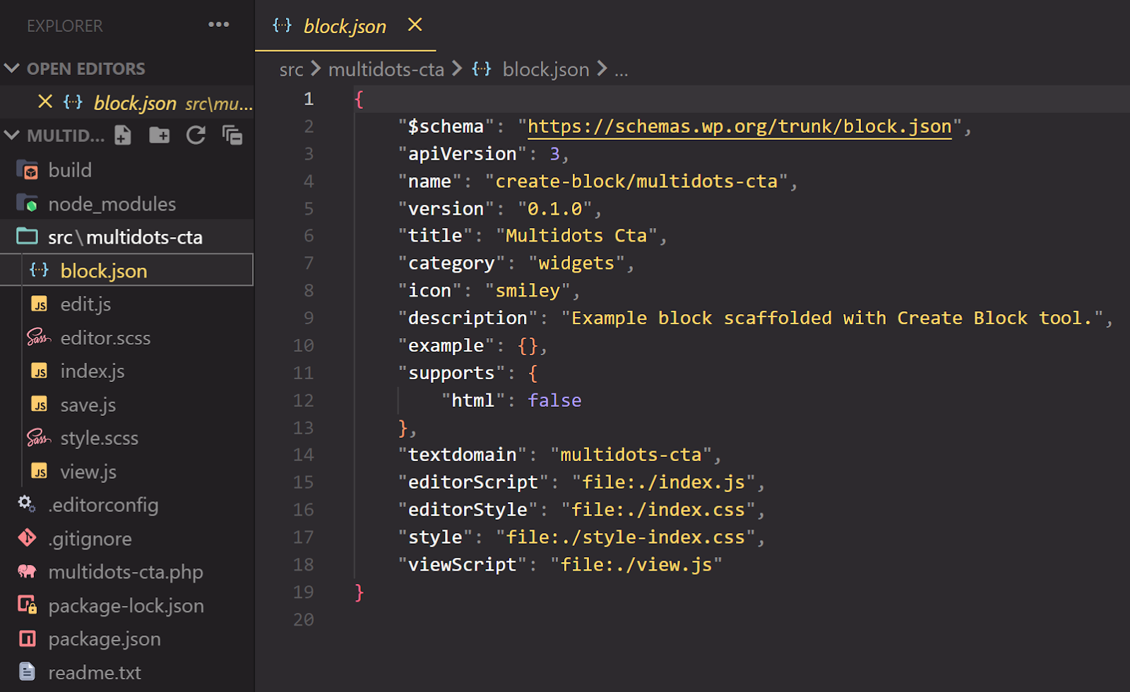 A screenshot of the block.json file in VS Code.