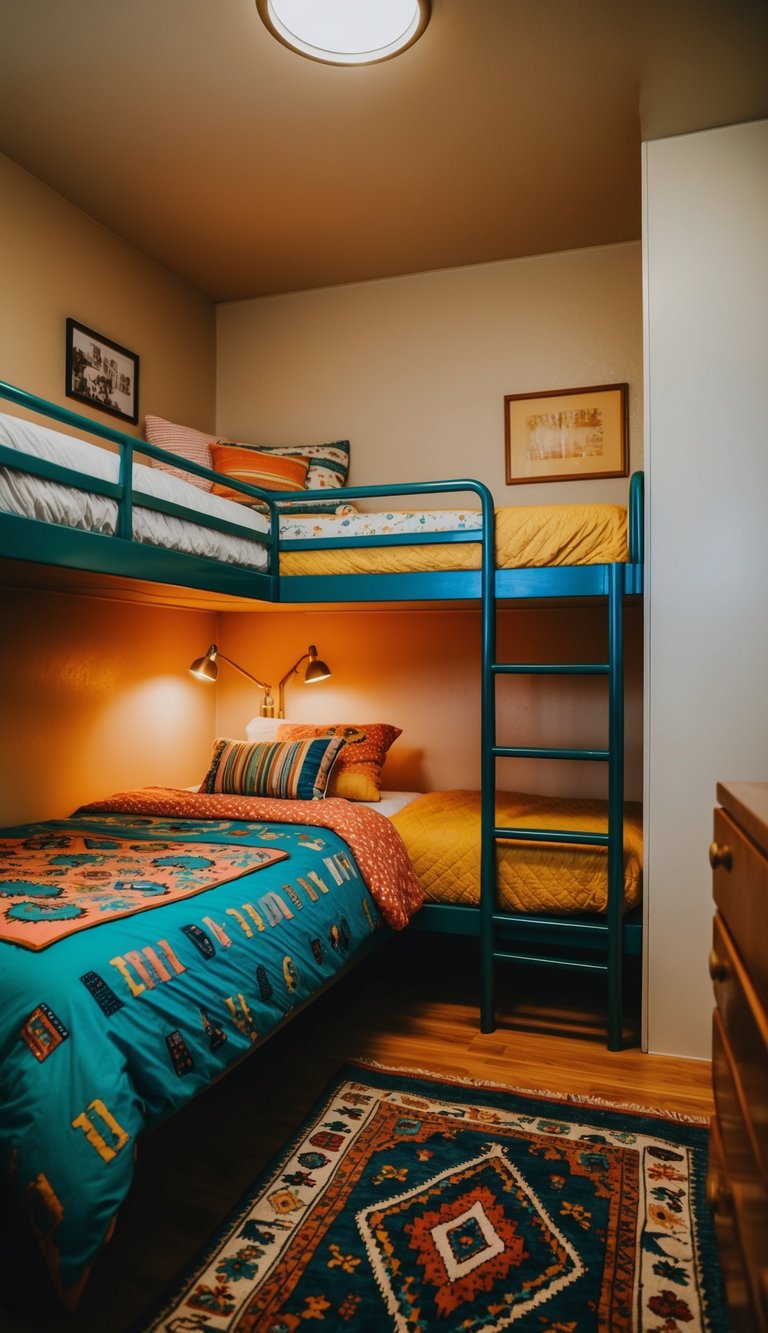 A cozy retro bunk bed setup with colorful bedding, vintage decor, and warm lighting in a spacious bunk room