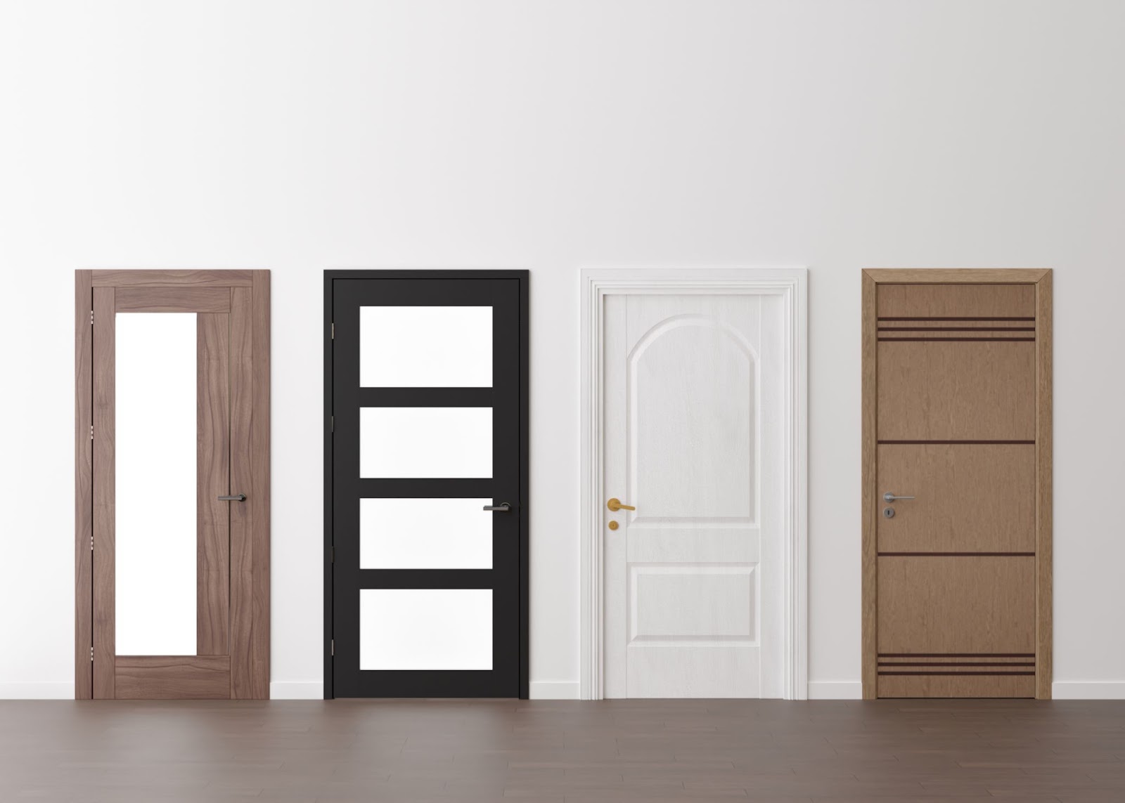 A display of four sleek replacement doors, each with unique designs ranging from modern glass-paneled styles to classic white and wooden finishes, offering versatile options for home upgrades.