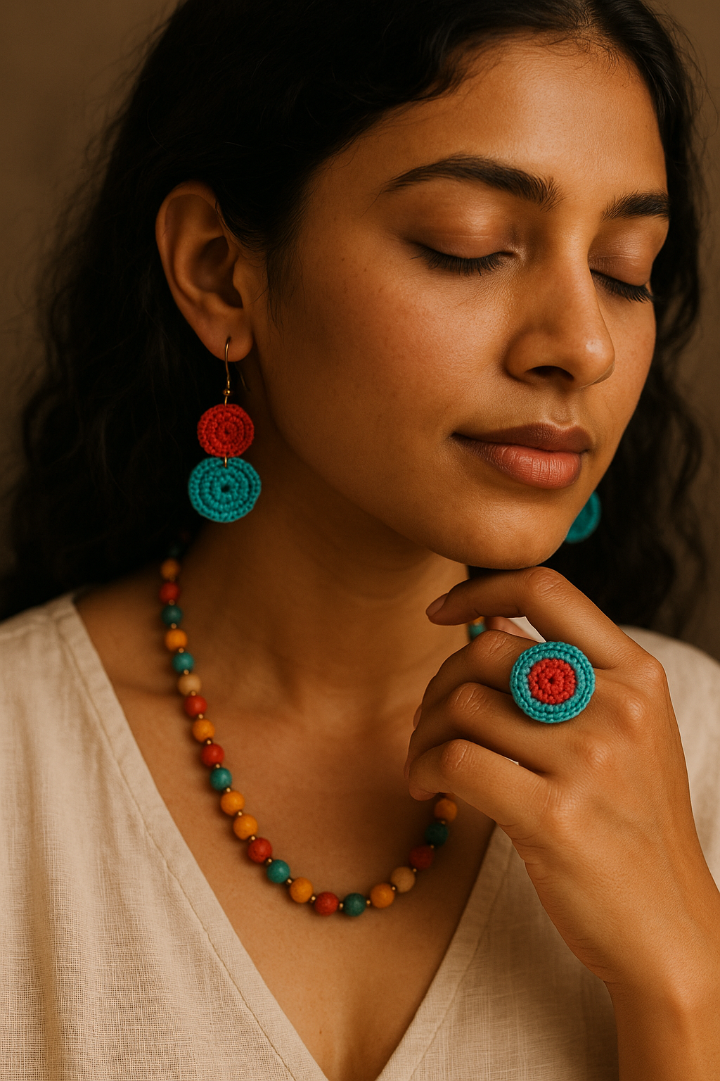 Woman wearing colorful women handmade jewellery set with earrings, necklace, and ring